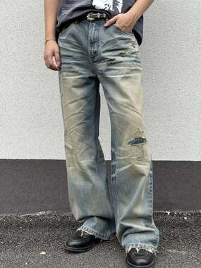 Vintage Faded Wash Distressed Ripped Wide-leg Baggy Denim Jeans Pants Blue sz 31